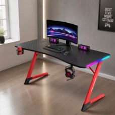 Геймърско бюро с RGB LED подсветка, карбонов плот 140 см, поставка за напитки и слушалки – Черно/червено Геймърско бюро с RGB LED подсветка, карбонов плот 140 см, поставка за напитки и слушалки – Черно/червено