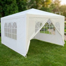 Градинска шатра павилион 3x4x2.5 м бяла – Парти шатра със стени, 4 прозореца и вход с цип